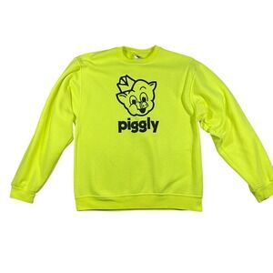 Jerzees Piggly Wiggly Sweatshirt Mens Small Neon Yellow Retro Graphic Crewneck